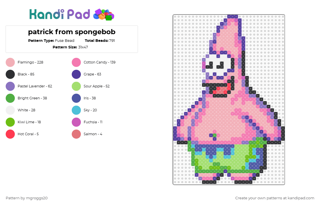 patrick from spongebob - Fuse Bead Pattern by mgroggs20 on Kandi Pad - purple,pink,beige,green