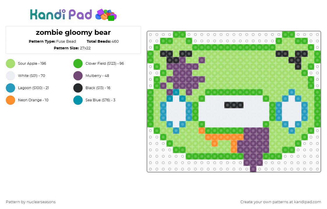 zombie gloomy bear - Fuse Bead Pattern by nuclearseasons on Kandi Pad - green