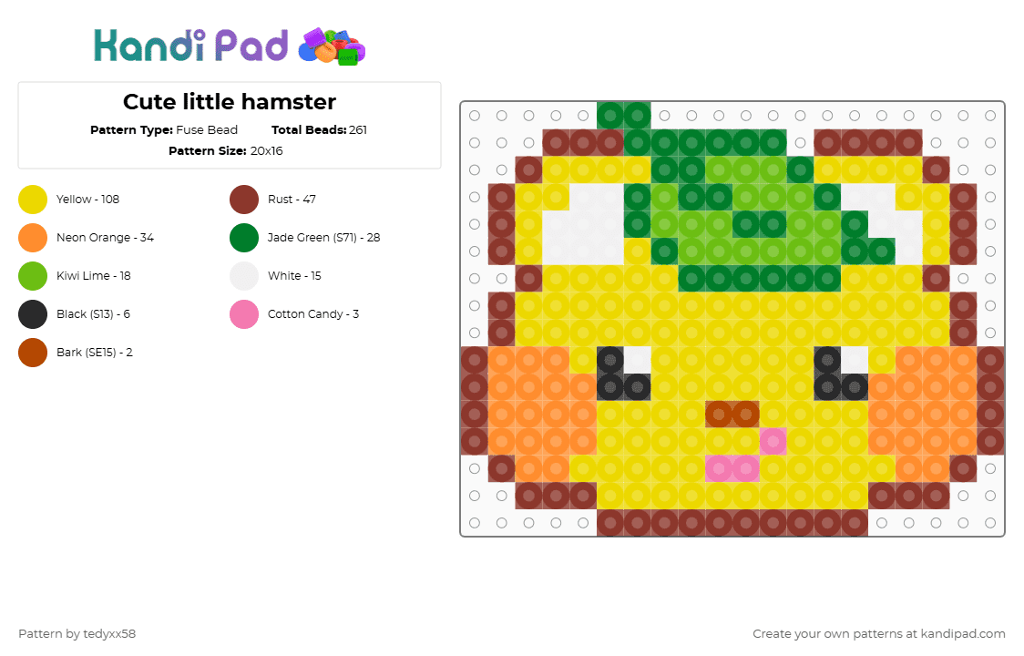 Cute little hamster - Fuse Bead Pattern by tedyxx58 on Kandi Pad - hamster,leaf,head,animal,green,red,yellow,cute