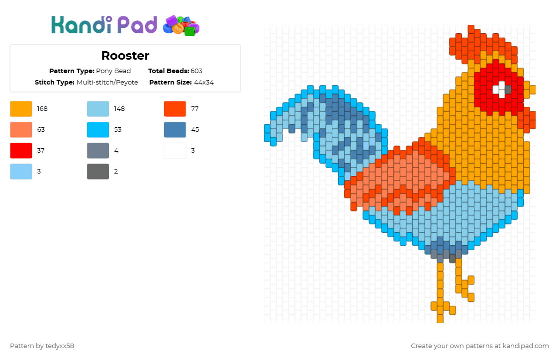 Rooster - Pony Bead Pattern by tedyxx58 on Kandi Pad - animal,bird,farm,red,orange,light blue,rooster,chicken