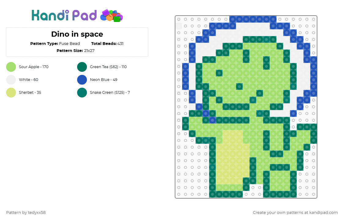 Dino in space - Fuse Bead Pattern by tedyxx58 on Kandi Pad - teal,green,dino,space,cute