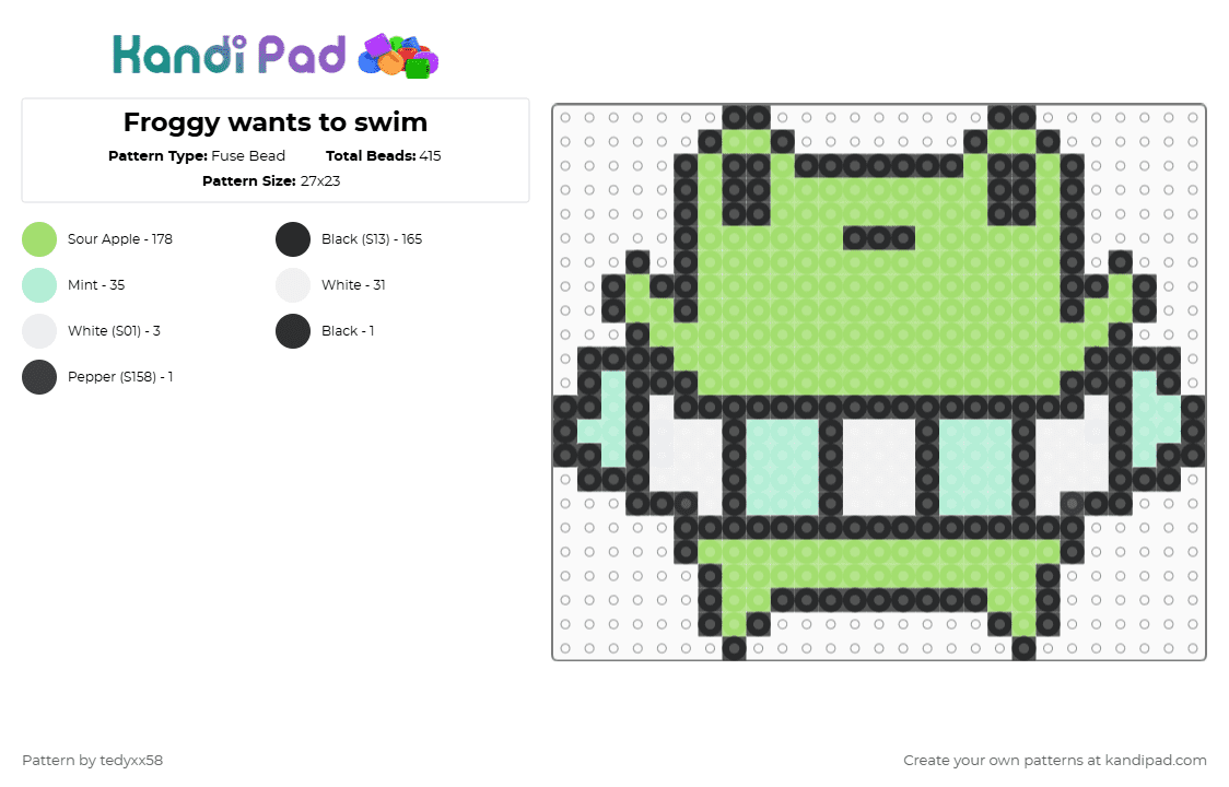 Froggy wants to swim - Fuse Bead Pattern by tedyxx58 on Kandi Pad - green,frog,cute,summer,swim,mint