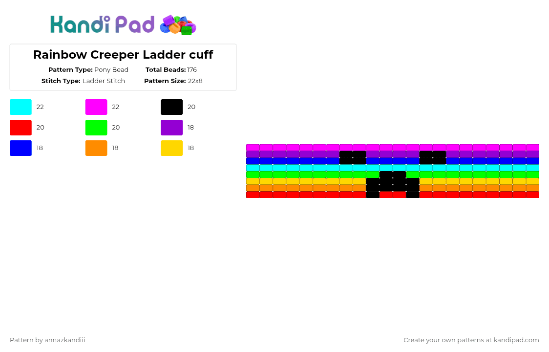 Rainbow Creeper Ladder cuff - Pony Bead Pattern by annazkandiii on Kandi Pad - purple,green,pink,colorful