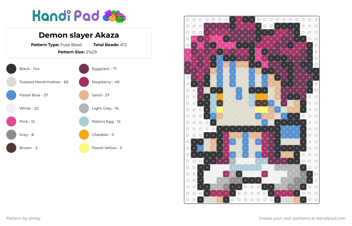 Demon slayer Akaza - Fuse Bead Pattern by stinky on Kandi Pad - pink,beige,light blue,demon slayer,akaza,anime,basketball
