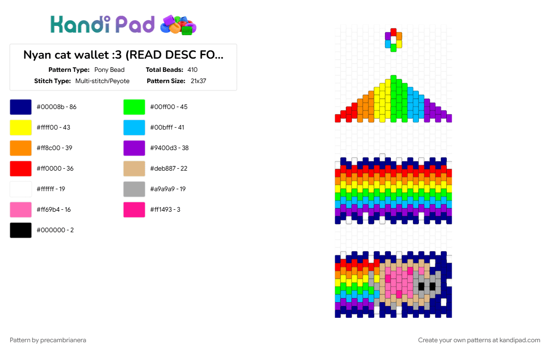 Nyan cat wallet :3 (READ DESC FOR CREDIT) - Pony Bead Pattern by precambrianera on Kandi Pad - green, nyan cat, poptart, purple, space, yellow, yummers