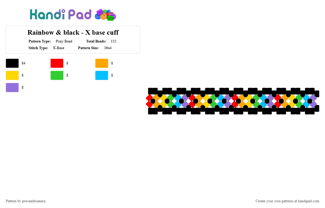 Rainbow & black - X base cuff - Pony Bead Pattern by precambrianera on Kandi Pad - black,orange,green,purple,colorful,rainbow,xbase