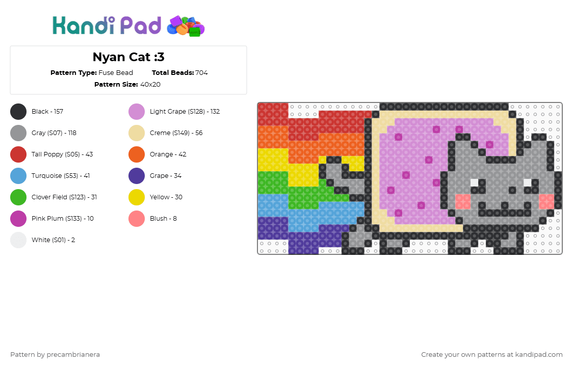 Nyan Cat :3 - Fuse Bead Pattern by precambrianera on Kandi Pad - gray,beige,pink,nyan cat,cat