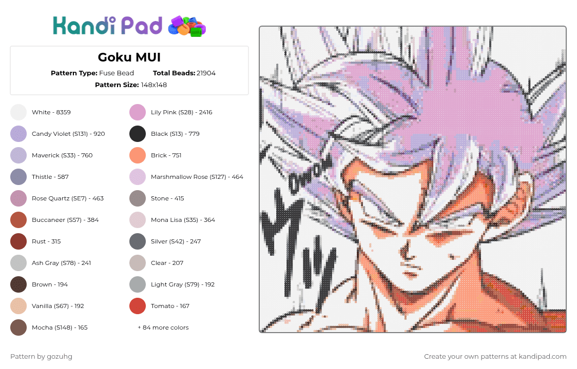 Goku MUI - Fuse Bead Pattern by gozuhg on Kandi Pad - anime, colorful, dragon ball, dragon ball super, father of all anime, goku, gray, manga, mui, orange, pink, white