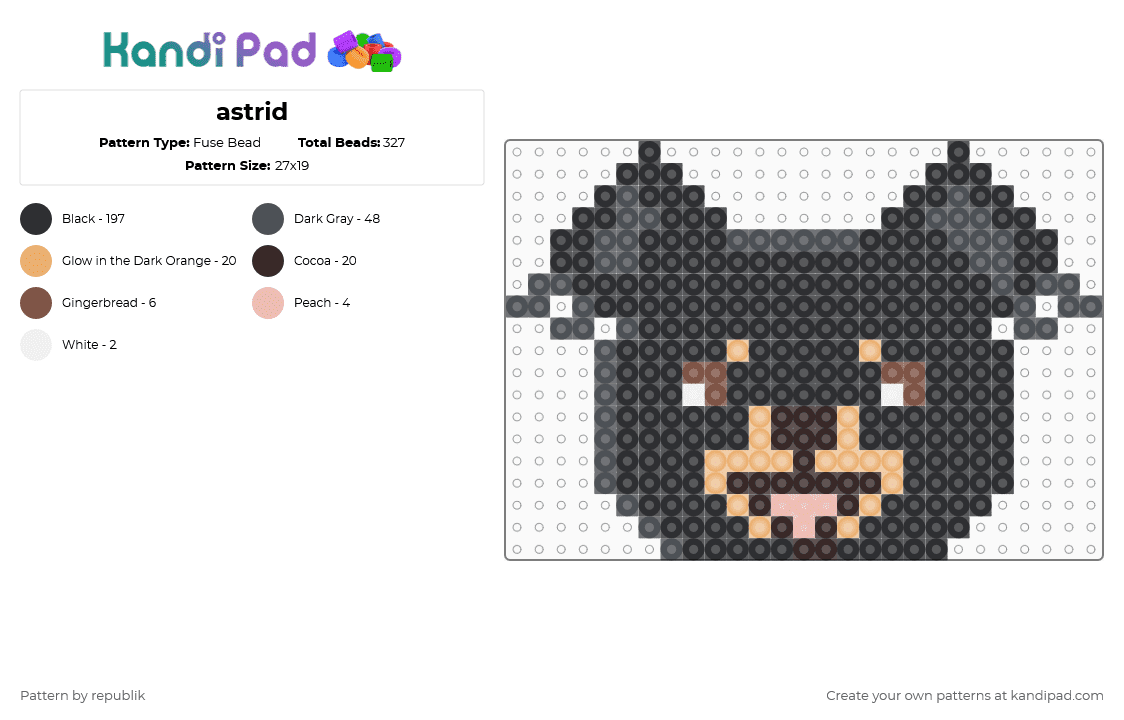 astrid - Fuse Bead Pattern by republik on Kandi Pad - black,gray,orange,brown