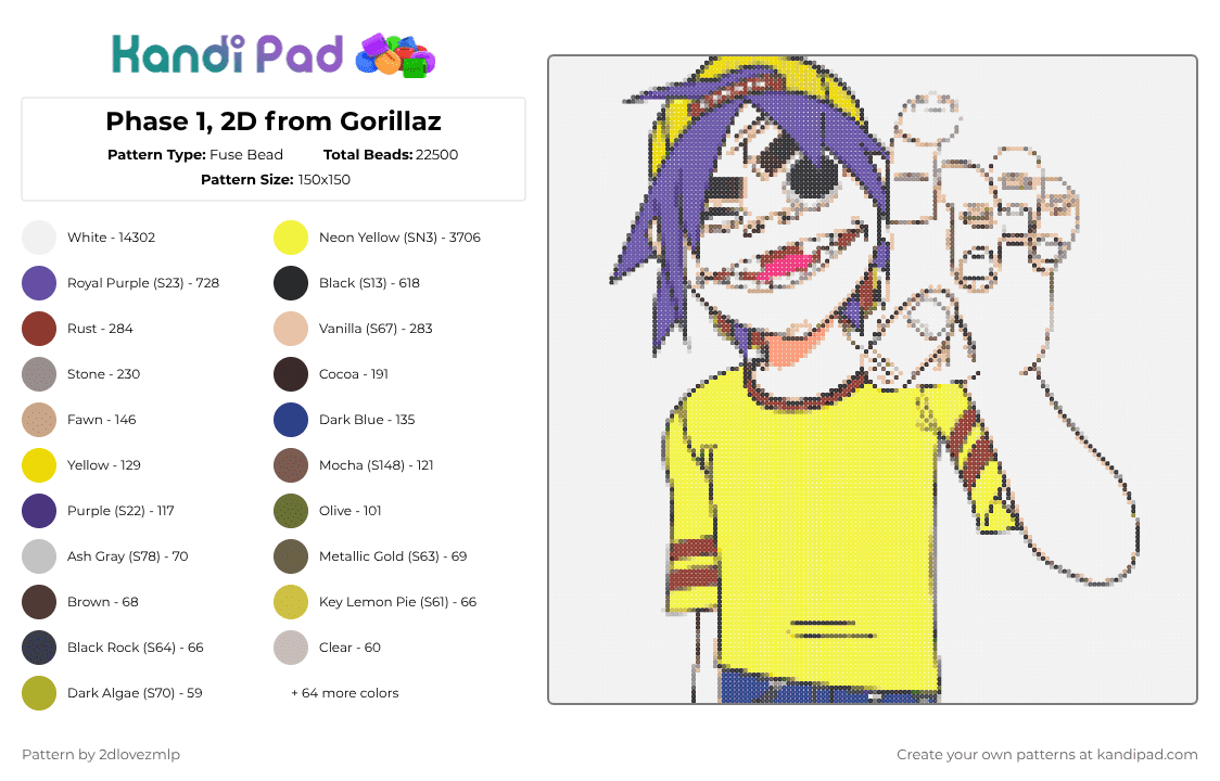 Phase 1, 2D from Gorillaz - Fuse Bead Pattern by 2dlovezmlp on Kandi Pad - 