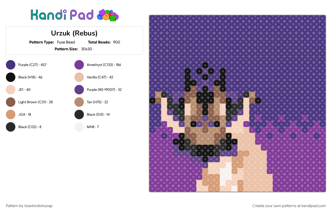 Urzuk (Rebus) - Fuse Bead Pattern by toastordishsoap on Kandi Pad - cos, cos lore, cos rebus, cos urzuk, creatures of sonaria, purple, rebus, urzuk