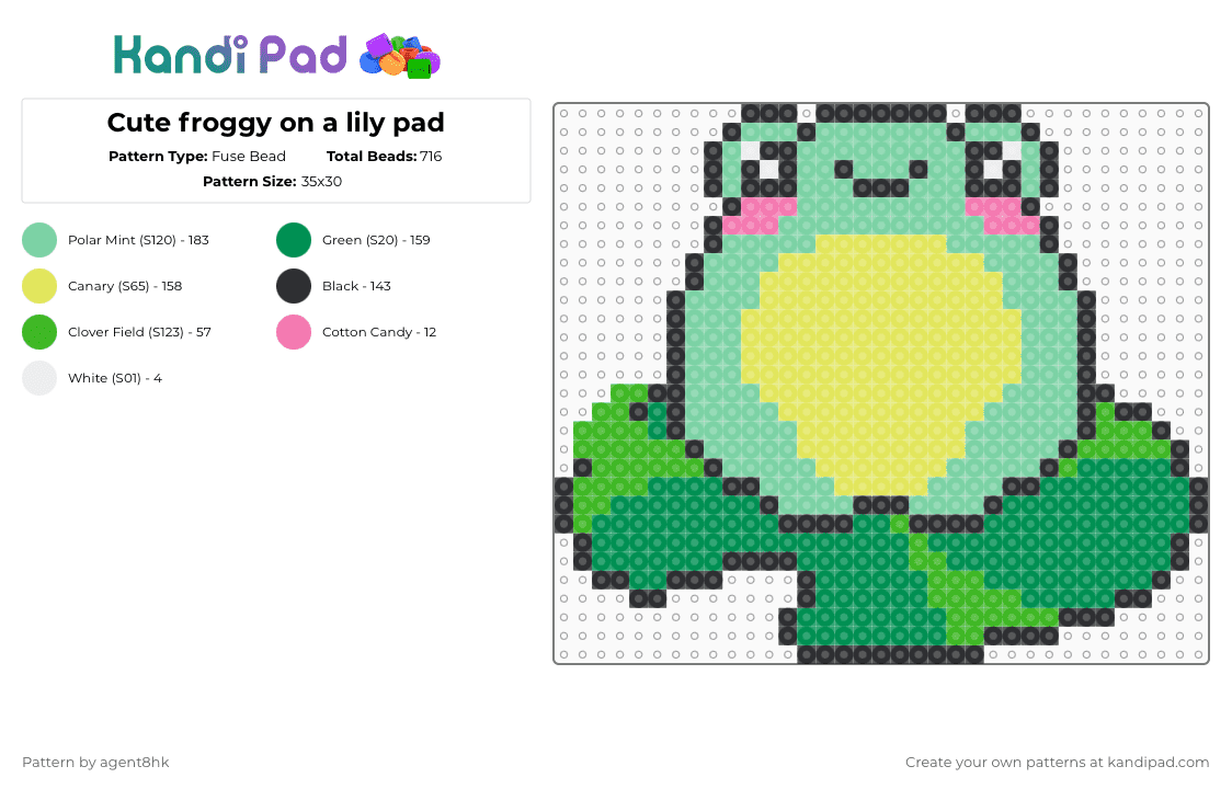 Cute froggy on a lily pad - Fuse Bead Pattern by agent8hk on Kandi Pad - frog,lily pad,cute,animal,nature,yellow,green,teal,cotdfrogs