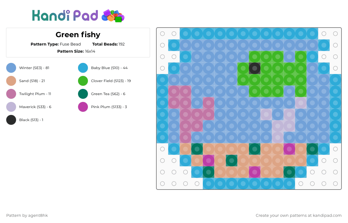 Green fishy - Fuse Bead Pattern by agent8hk on Kandi Pad - fishbowl,fish,animal,aquatic,underwater,ocean,sea,light blue