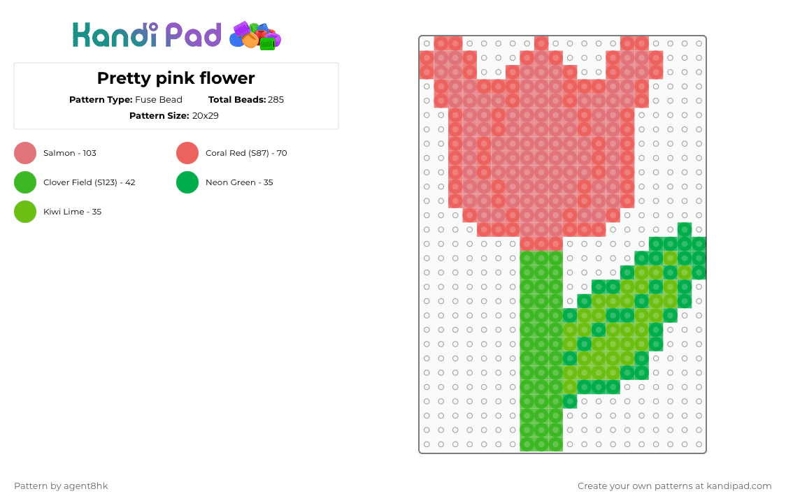 Pretty pink flower - Fuse Bead Pattern by agent8hk on Kandi Pad - green,red