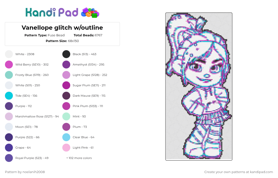 Vanellope glitch w/outline - Fuse Bead Pattern by noelanih2008 on Kandi Pad - white,pink,purple,light blue