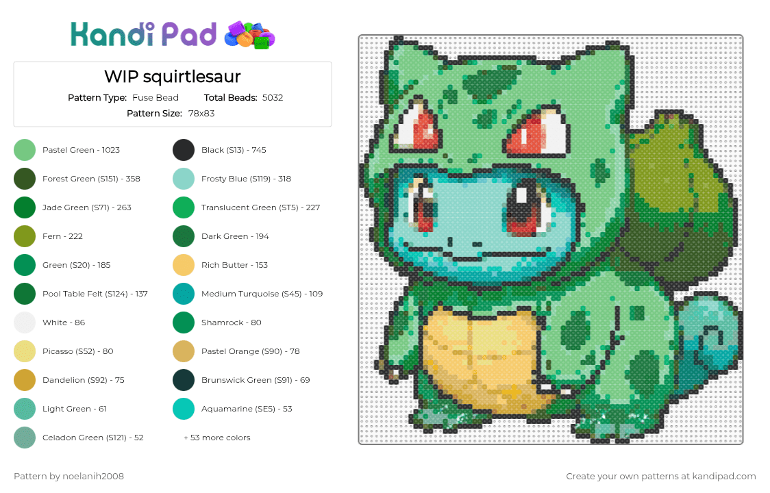 WIP squirtlesaur - Fuse Bead Pattern by noelanih2008 on Kandi Pad - green,teal,gold,light blue
