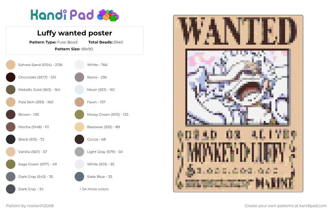Luffy wanted poster - Fuse Bead Pattern by noelanih2008 on Kandi Pad - 
