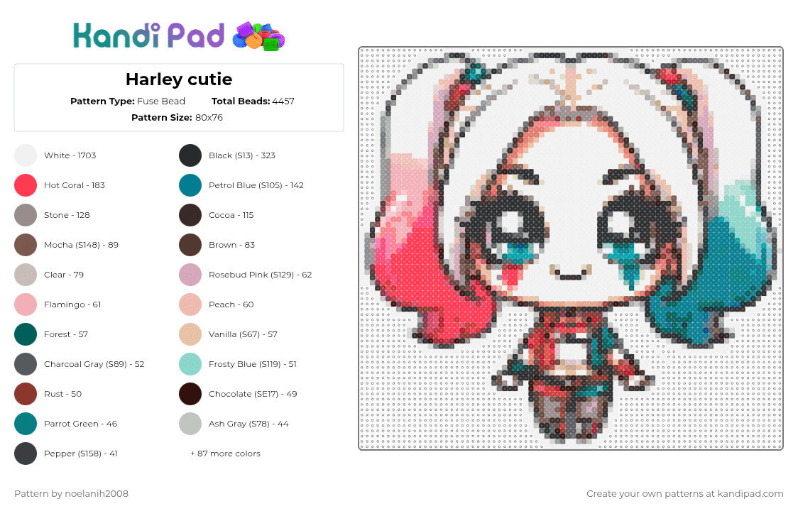 Harley cutie - Fuse Bead Pattern by noelanih2008 on Kandi Pad - beige, colorful, gray, teal, white