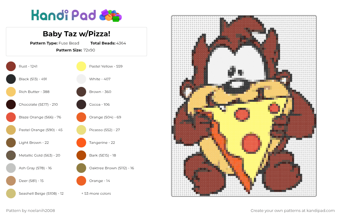Baby Taz w/Pizza! - Fuse Bead Pattern by noelanih2008 on Kandi Pad - brown,red,yellow