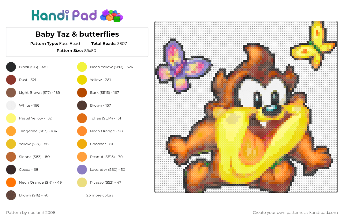 Baby Taz & butterflies - Fuse Bead Pattern by noelanih2008 on Kandi Pad - yellow,orange,brown,colorful