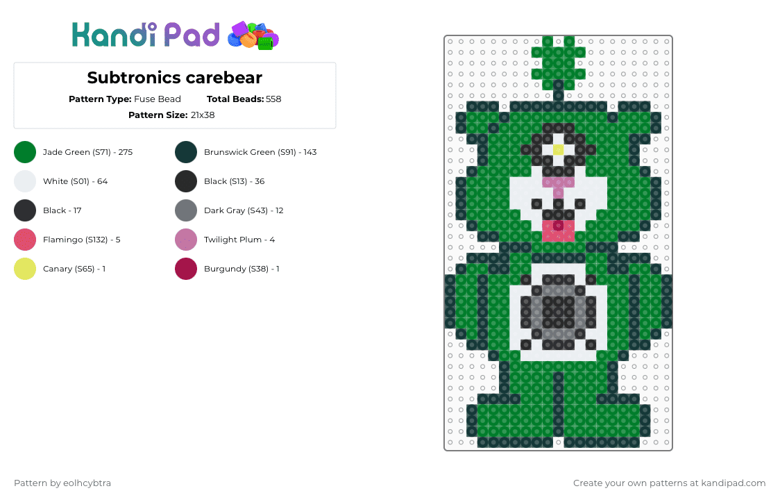 goodluck bassbear - Fuse Bead Pattern by eolhcybtra on Kandi Pad - subtronics,care bear,dj,music,edm,mashup,carebear,bear,cartoon,animal,creature,green