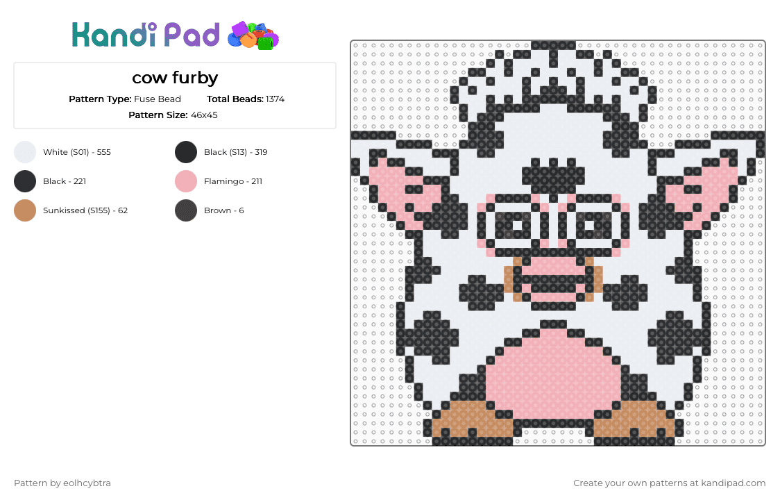 cow furby - Fuse Bead Pattern by eolhcybtra on Kandi Pad - white,beige,cow,furby,moo,farm