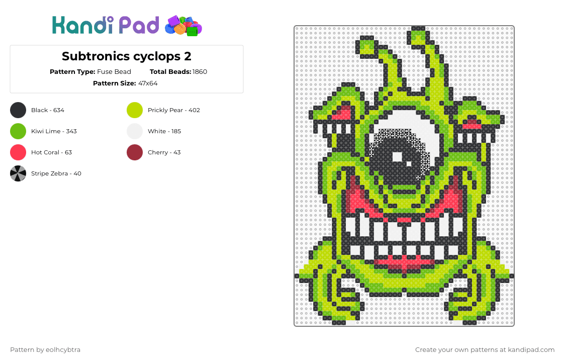 Subtronics cyclops 2 - Fuse Bead Pattern by eolhcybtra on Kandi Pad - cyclops,dubstep,music,bass,concert,dj,rave,green