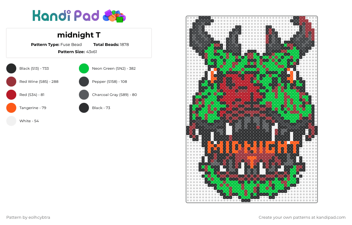 midnight T - Fuse Bead Pattern by eolhcybtra on Kandi Pad - black, dinosaur, dj, dubstep, edm, green, jurassic, midnight tyrannosaurus, music, red, riddim, scummy bears