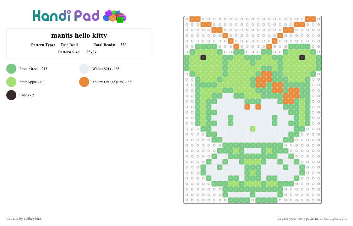 mantis hello kitty - Fuse Bead Pattern by eolhcybtra on Kandi Pad - teal,green