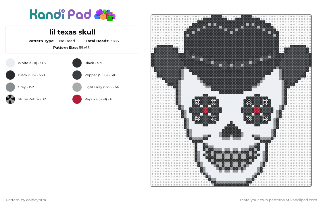 lil texas skull - Fuse Bead Pattern by eolhcybtra on Kandi Pad - western,spooky,music,halloween,black,white,gray,country,cowboy,skull,punk