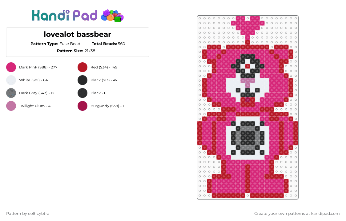 lovealot bassbear - Fuse Bead Pattern by eolhcybtra on Kandi Pad - carebear,bass,subtronics,mashup,dj,music,edm,teddy,love,bassbear,animal,cartoon,bear,red,pink