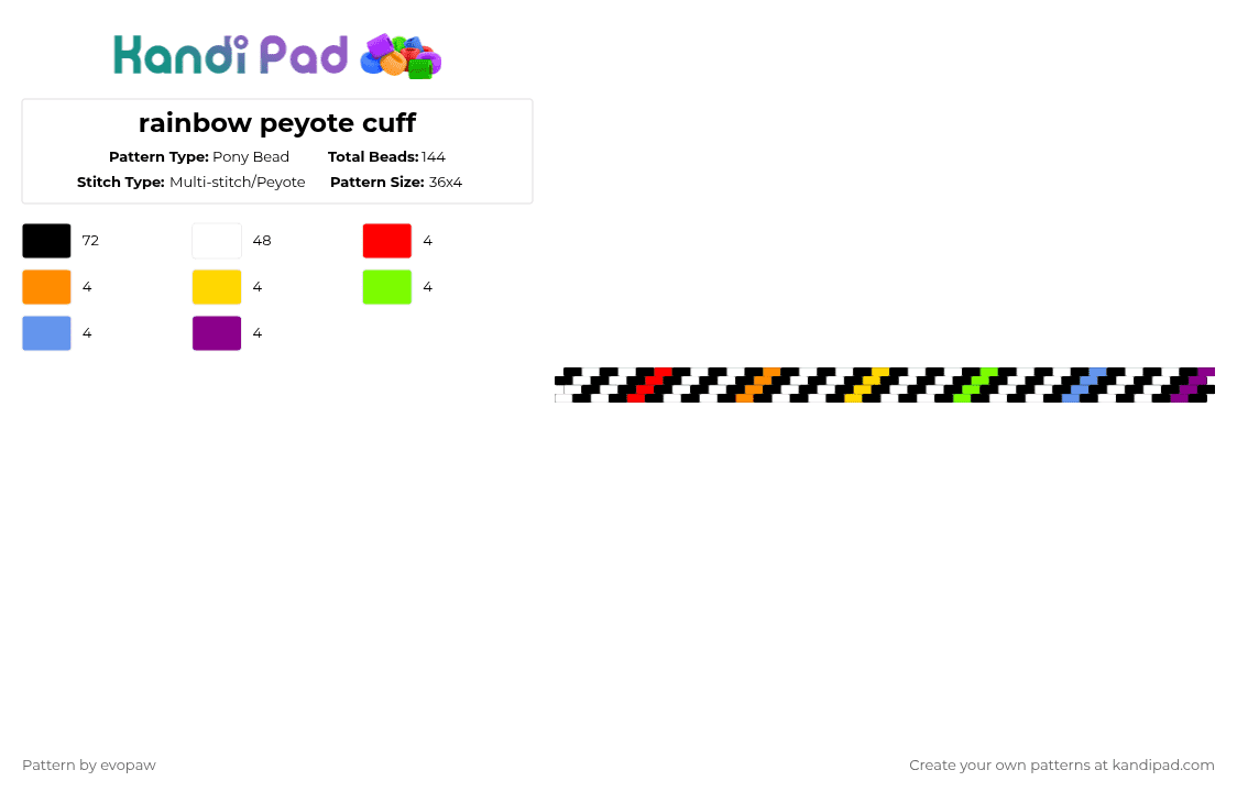 rainbow peyote cuff - Pony Bead Pattern by evopaw on Kandi Pad - black,white,orange,green,pink,colorful