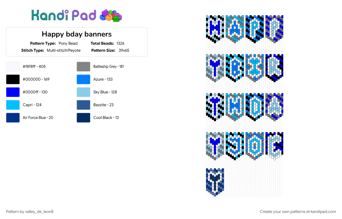 Happy bday banners - Pony Bead Pattern by valley_de_leon8 on Kandi Pad - blue, gray, light blue