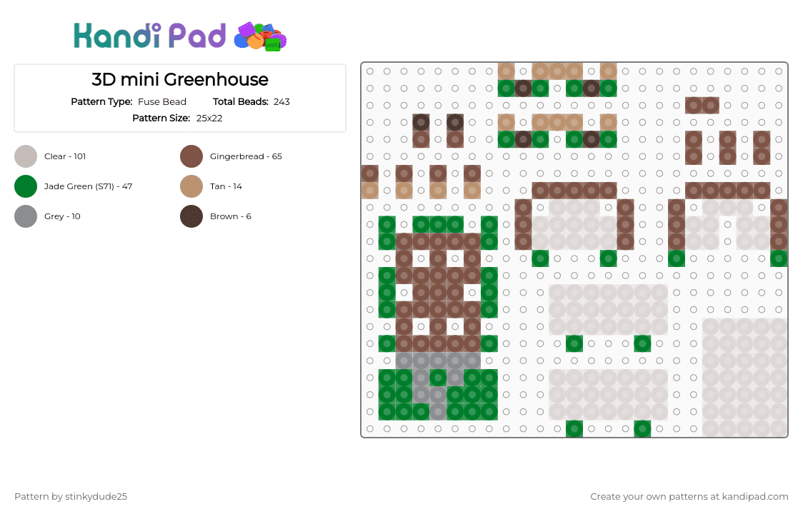 3D mini Greenhouse - Fuse Bead Pattern by stinkydude25 on Kandi Pad - beige,green,tan,3d,mini,greenhouse