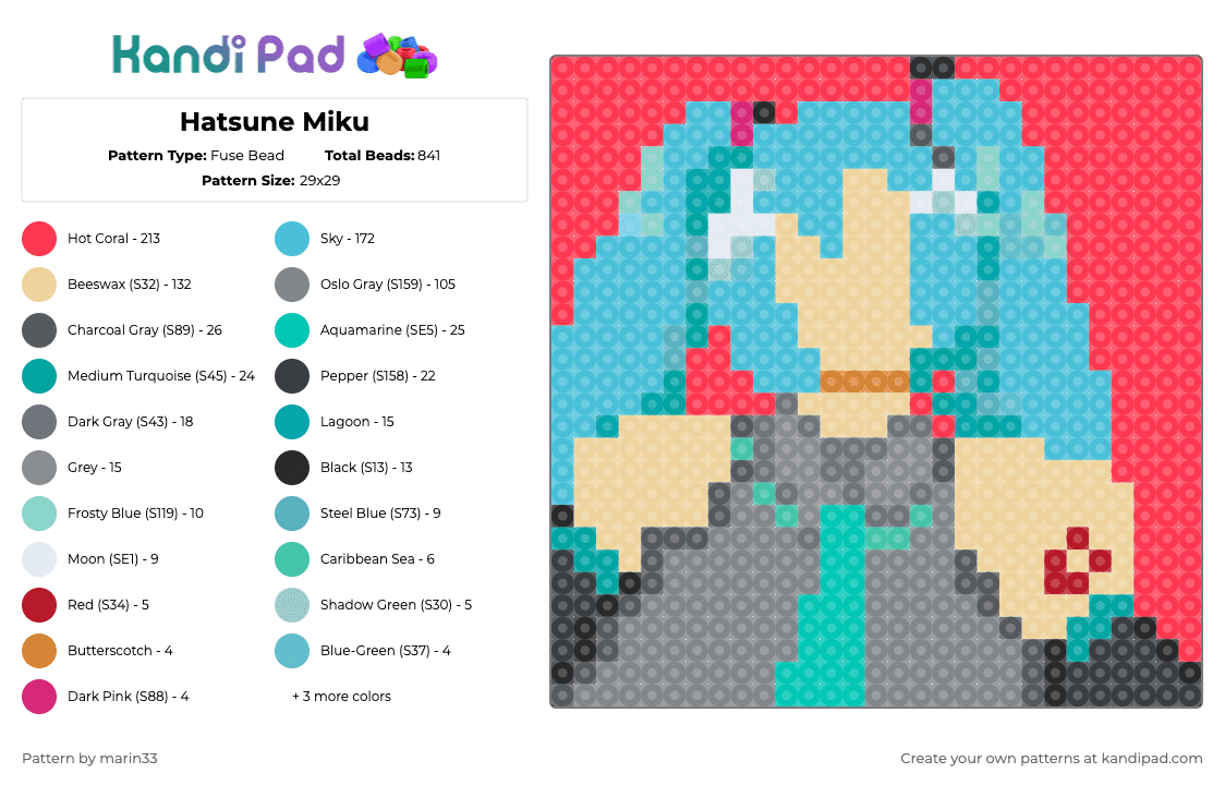 Hatsune Miku - Fuse Bead Pattern by marin33 on Kandi Pad - beige,light blue,red,gray,hatsune miku