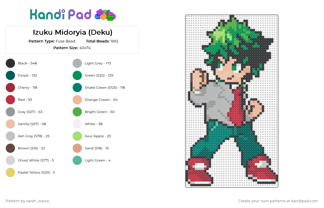 Izuku Midoryia (Deku) - Fuse Bead Pattern by sarah_wawa on Kandi Pad - red,green,gray,beige