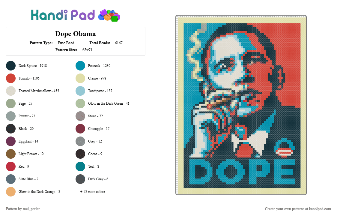 Dope Obama - Fuse Bead Pattern by mel_perler on Kandi Pad - yellow,red,teal,beige