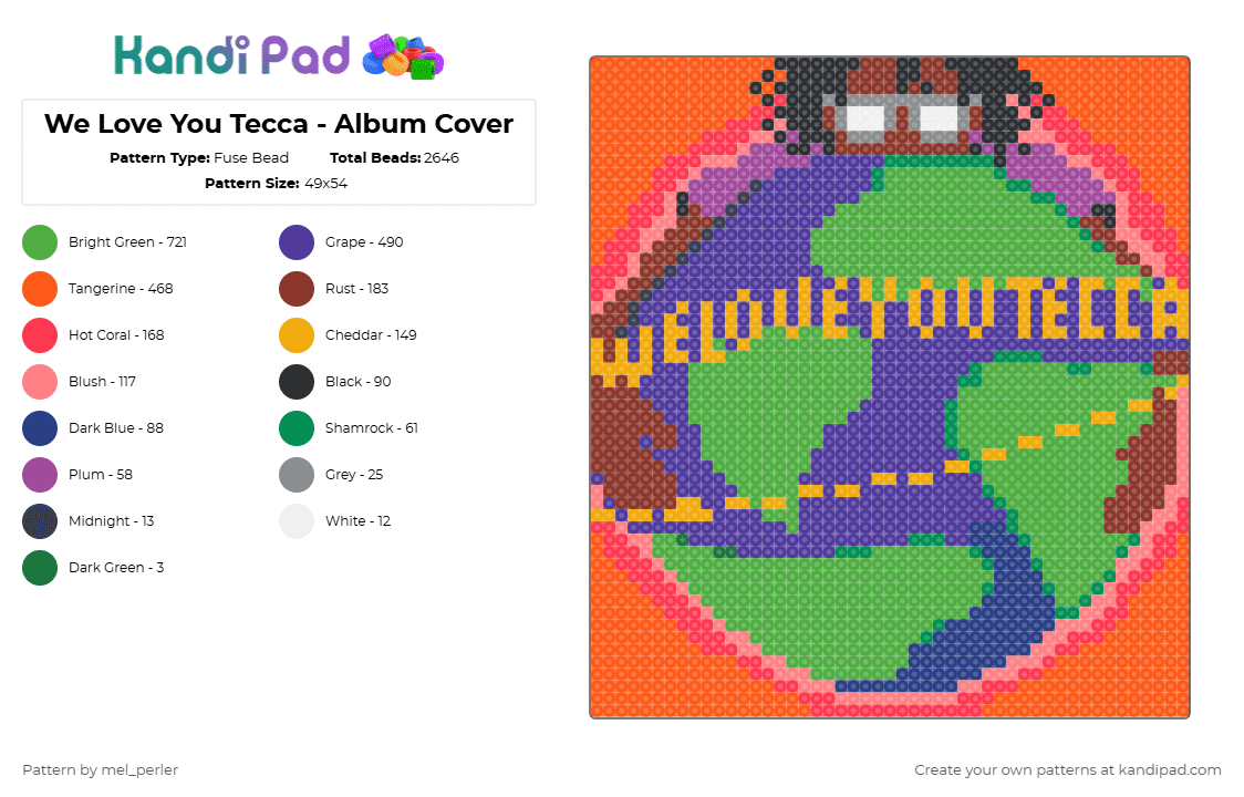 We Love You Tecca - Album Cover - Fuse Bead Pattern by mel_perler on Kandi Pad - green, orange, purple, red