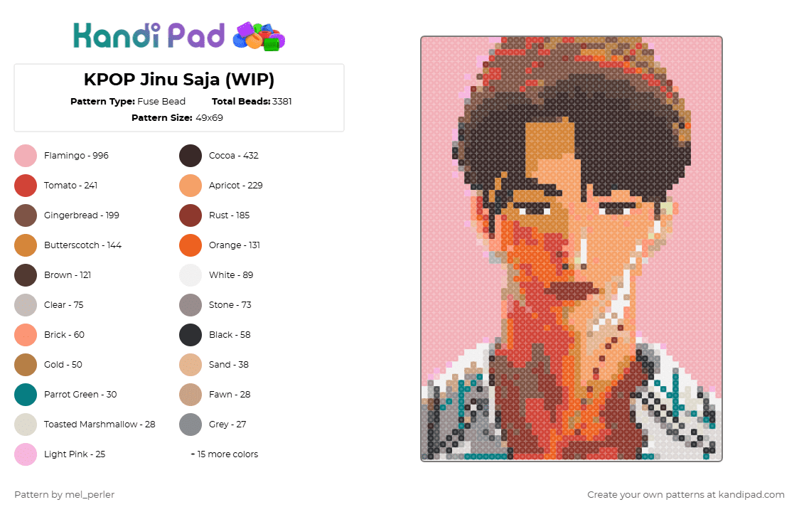 KPOP Jinu Saja (WIP) - Fuse Bead Pattern by mel_perler on Kandi Pad - beige,red,orange,brown
