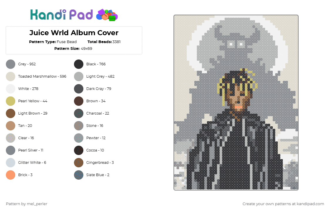 Juice Wrld Album Cover - Fuse Bead Pattern by mel_perler on Kandi Pad - beige,gray