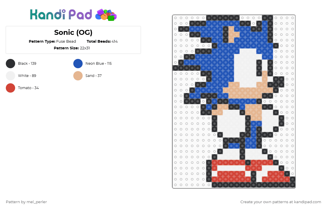 Sonic (OG) - Fuse Bead Pattern by mel_perler on Kandi Pad - blue