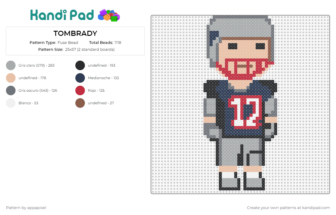 TOMBRADY - Fuse Bead Pattern by appapixel on Kandi Pad - tom brady,new england patriots,football,athlete,sports,jersey,tribute,game day,number 12