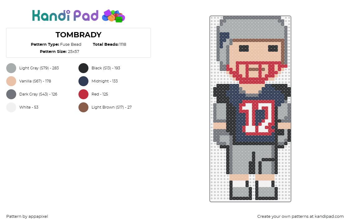 TOMBRADY - Fuse Bead Pattern by appapixel on Kandi Pad - tom brady,new england patriots,football,athlete,sports,jersey,game day,number 12