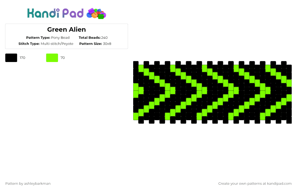 Green Alien - Pony Bead Pattern by ashleybarkman on Kandi Pad - green,black