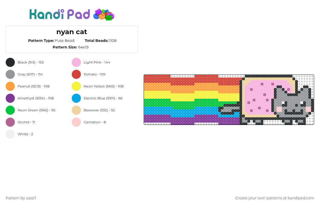 nyan cat - Fuse Bead Pattern by zaza7 on Kandi Pad - pink,red,yellow,colorful