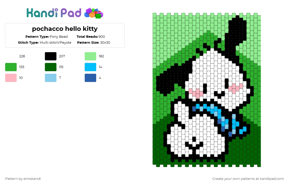 pochacco hello kitty - Pony Bead Pattern by emiskandi on Kandi Pad - pochacco,panel,botty,sanrio,cute,silly,hello kitty,dog,cat,animal,cartoon,green,teal