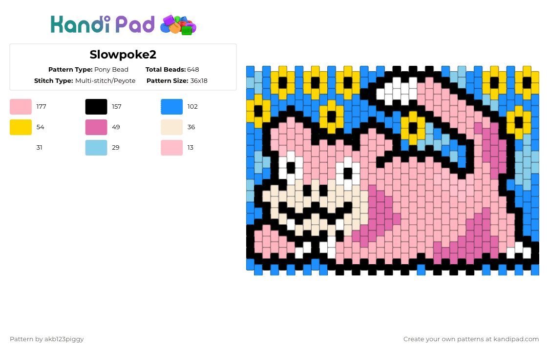 Slowpoke2 - Pony Bead Pattern by akb123piggy on Kandi Pad - slowpoke,flowers,panel,nature,gaming,pokemon,video game,pink
