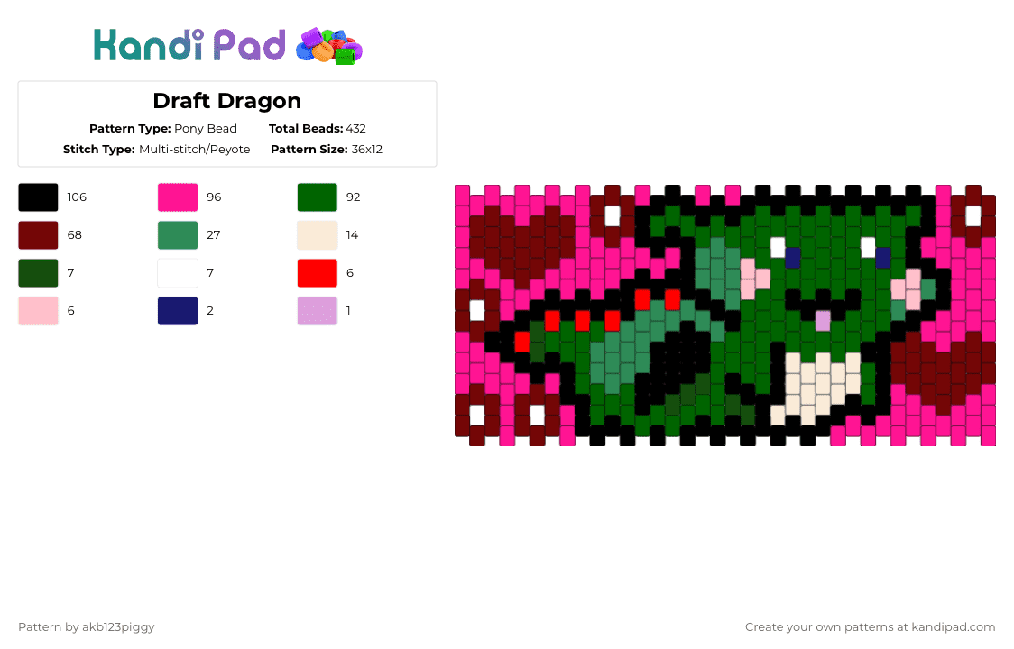 Cute Dragon - Pony Bead Pattern by akb123piggy on Kandi Pad - pink,green,brown,dragon,cute dragon