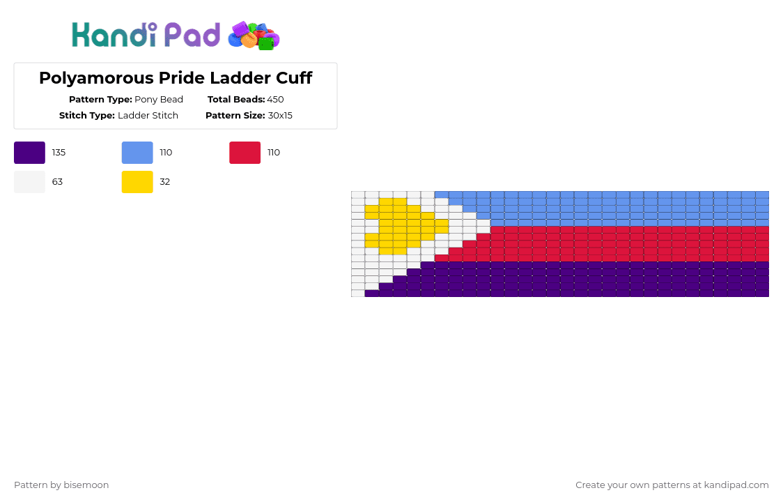 Polyamorous Pride Ladder Cuff - Pony Bead Pattern by bisemoon on Kandi Pad - purple,light blue,red,pride,lgbtq,cuff
