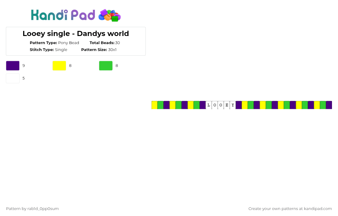 Looey single - Dandys world - Pony Bead Pattern by rab1d_0pp0sum on Kandi Pad - yellow,green,purple